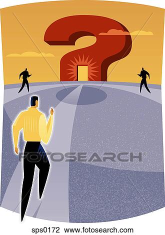 Three men walking towards the doorway of a question mark View Large Illustration Drawing - Three men walking towards the doorway of a question mark. Fotosearch