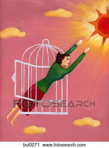 A woman flying out of a cage toward the sun View Large Illustration Clip Art - A woman flying out of a cage toward the sun. Fotosearch