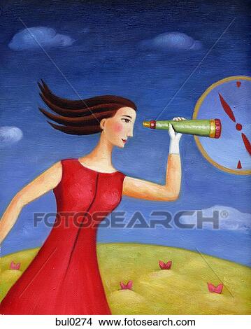 A woman looking through a telescope at a clock dial View Large Illustration Stock Illustration - A woman looking through a telescope at a clock dial. Fotosearch