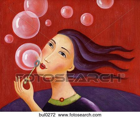 Closeup of a woman blowing bubbles View Large Illustration Drawing - Closeup of a woman blowing bubbles. Fotosearch