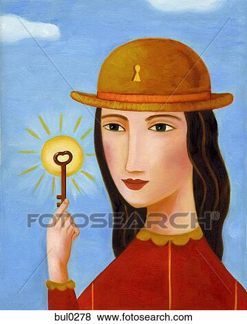 Stock Illustration - Closeup of a woman holding a skeleton key. Fotosearch