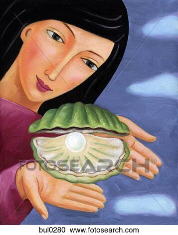 Closeup of a woman holding an oyster with a pearl inside View Large Illustration Clipart - Closeup of a woman holding an oyster with a pearl inside. Fotosearch