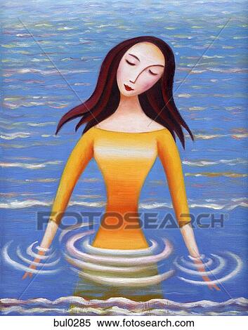 Stock Illustration - Portrait of a serene woman standing in water. Fotosearch