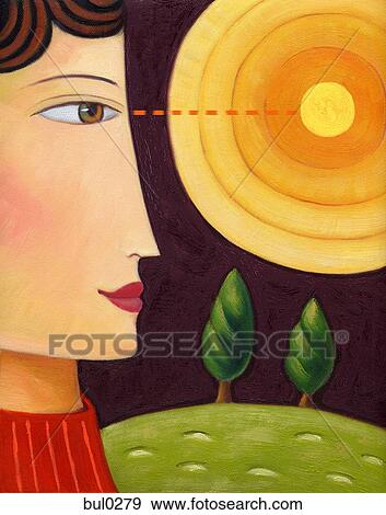 Profile of a woman looking into the center of the sun View Large Illustration Stock Illustration - Profile of a woman looking into the center of the sun. Fotosearch