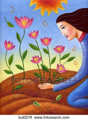 Stock Illustration - Profile of a woman planting flowers. Fotosearch