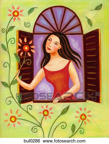 Stock Illustration - Young woman looking at flowers outside her window. Fotosearch