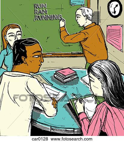 Stock Illustration - A teacher writing on the chalkboard, while students look on. Fotosearch