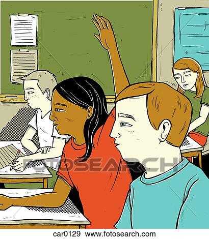 Stock Illustration - Students in a class, with a girl raising her hand. Fotosearch