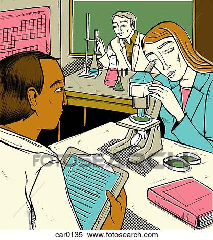 Stock Illustration - Students in a science lab, with a woman looking through a microscope. Fotosearch