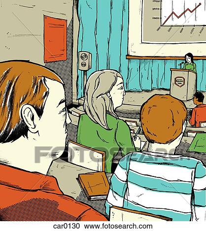 Clipart - Students listening to a speaker in a lecture hall. Fotosearch
