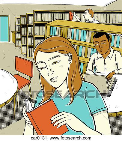 Clip Art - Students reading book and using computer in a library. Fotosearch