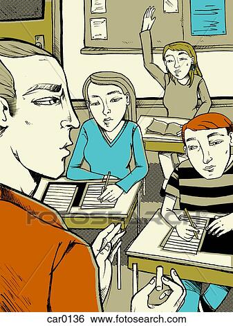 Stock Illustration - Teacher and students in a class, with a girl raising her hand. Fotosearch