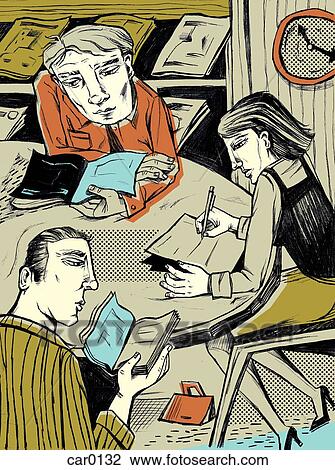 Drawing - Three people studying at a round table. Fotosearch
