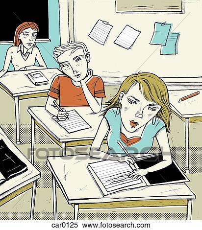 Stock Illustration - Three students sitting and writing at their desks. Fotosearch