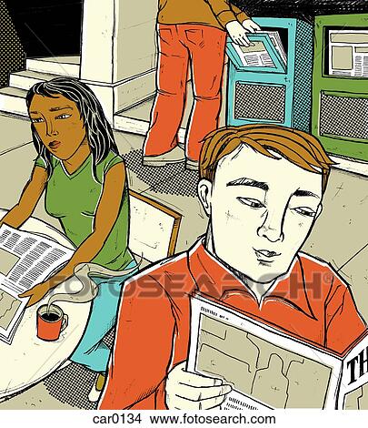 Stock Illustration - Two people reading newspaper, while another person is buying a newspaper in the background. Fotosearch