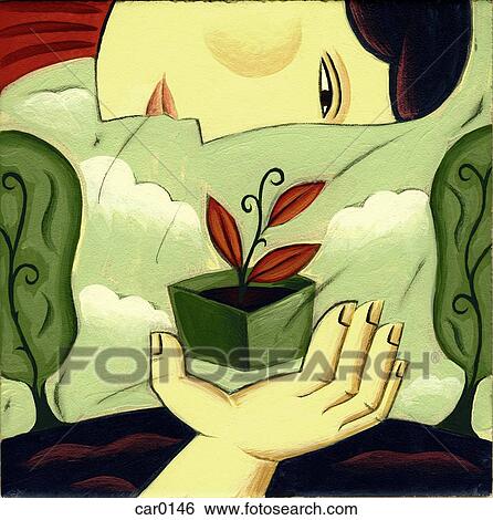 Stock Illustration - A woman looking at a seedling. Fotosearch