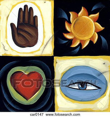 Stock Illustration - Collage of a hand, the sun, an eye, and a heart. Fotosearch