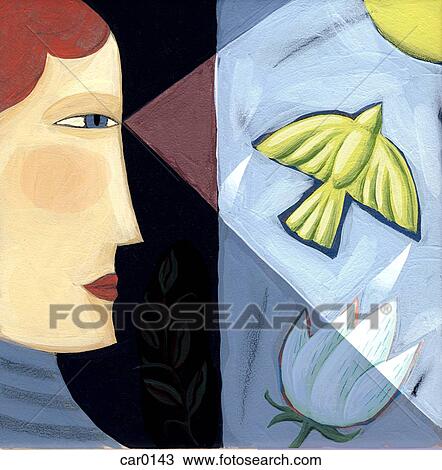 Profile of a woman looking at a dove flying toward the sun View Large Illustration Drawing - Profile of a woman looking at a dove flying toward the sun. Fotosearch