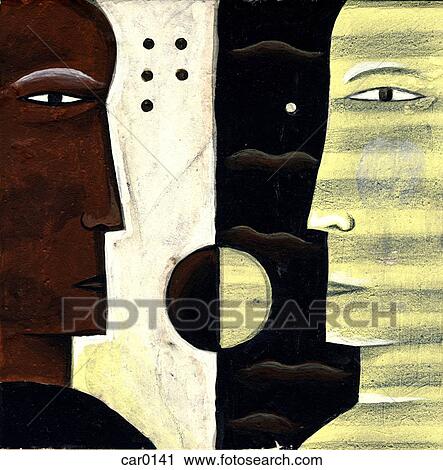 Clip Art - Profiles of two people facing each other on a black and white background. Fotosearch