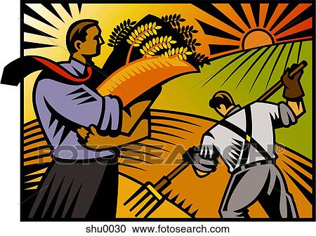 Clipart - A businessman stands holding his harvested wheat, while a farmer works in the background. Fotosearch