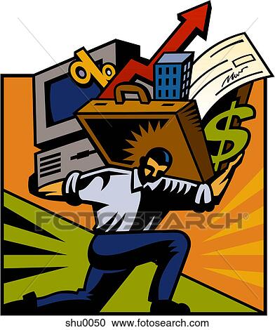 Clipart - A man carrying a computer and a briefcase stuffed with various items. Fotosearch