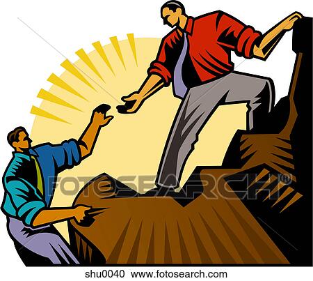 Clipart - A man extends his hand to help another man climb up a mountain. Fotosearch