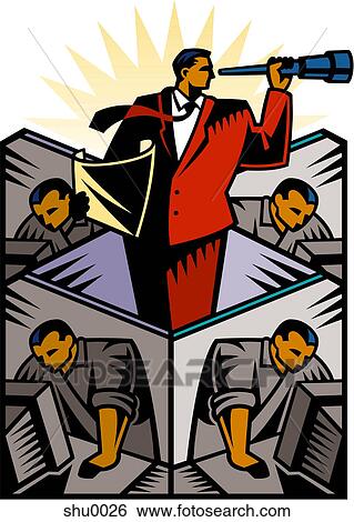 Stock Illustration - Big Brother - a man looks through a telescope while a group of men work on computers below him. Fotosearch