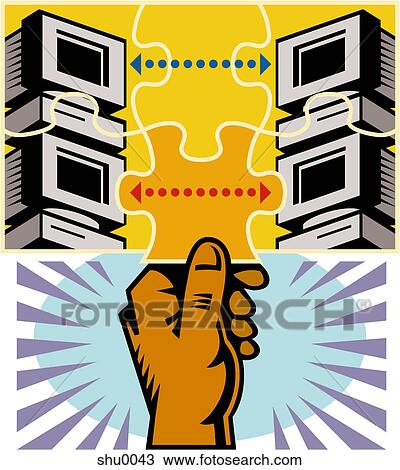 Drawing - Illustration of a hand and computer servers. Fotosearch