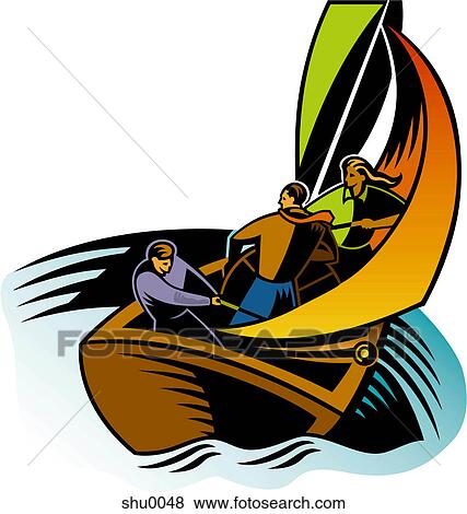 Stock Illustration - Three men on a sail boat. Fotosearch