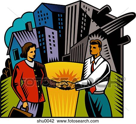 Drawing - Two business people shaking hands in front of buildings. Fotosearch