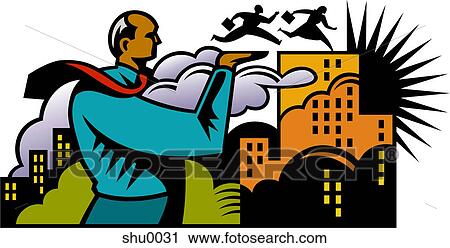 Clip Art - A boss helping his employees get to the top of a building. Fotosearch
