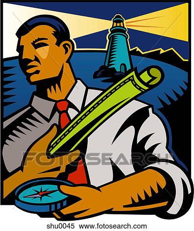 Stock Illustration - A businessman holding a map and compass tries to find his way, while a lighthouse shines behind him. Fotosearch