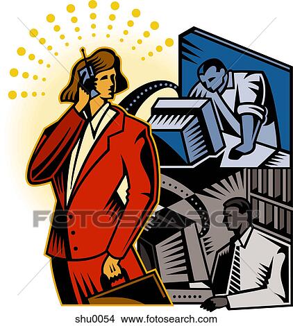 Stock Illustration - A businesswoman on a cell phone with two men working in the background. Fotosearch