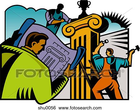 A man looks at a building plan, with workers in the background View Large Illustration Stock Illustration - A man looks at a building plan, with workers in the background. Fotosearch