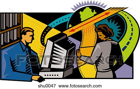 Stock Illustration - A man sending an attachment via email to a woman. Fotosearch
