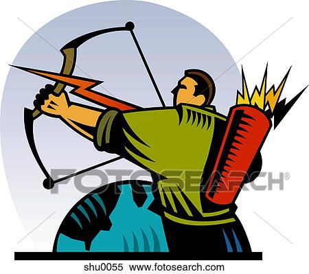 Stock Illustration - A man shooting a lightning-shaped arrow from a bow. Fotosearch