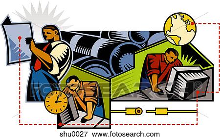Stock Illustration - An illustration of men working to meet a deadline. Fotosearch