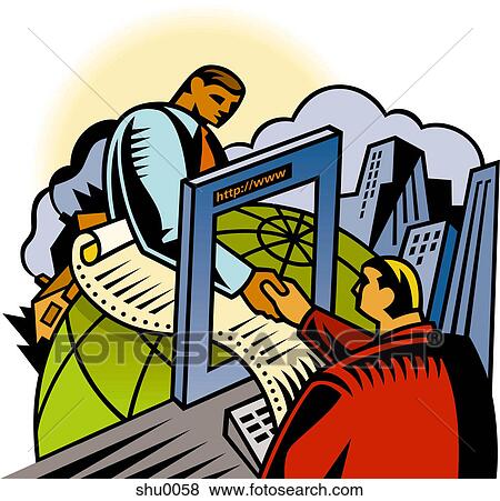 Stock Illustration - Two men finalising a deal online. Fotosearch