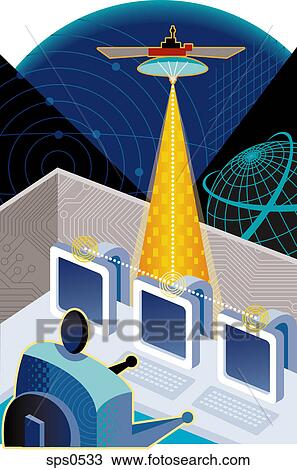 Drawing - A man receiving information through the satellite dish. Fotosearch