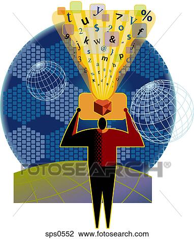 Drawing - A man with a box containing jumbled letters. Fotosearch
