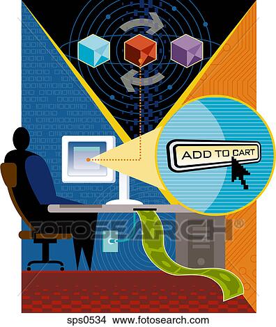 Stock Illustration - A man adding goods to his online shopping cart. Fotosearch