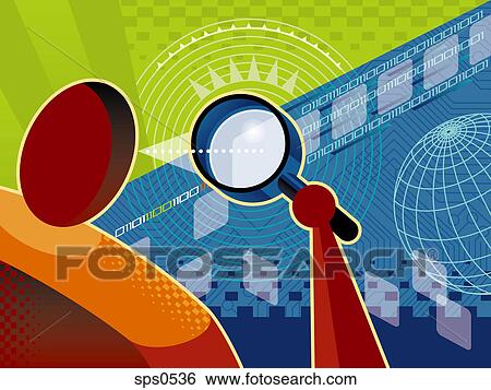 A man looking through a magnifying glass at computer code View Large Illustration Stock Illustration - A man looking through a magnifying glass at computer code. Fotosearch