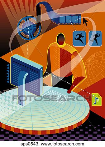 A man using a computer for multimedia entertainment View Large Illustration Drawing - A man using a computer for multimedia entertainment. Fotosearch