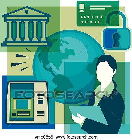 A montage of a bank, a bank card, a lock, a woman holding documents, an ATM, and the globe View Large Illustration Stock Illustration - A montage of a bank, a bank card, a lock, a woman holding documents, an ATM, and the globe. Fotosearch