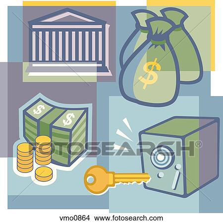 A montage of a bank, a safe, and money View Large Illustration Stock Illustration - A montage of a bank, a safe, and money. Fotosearch