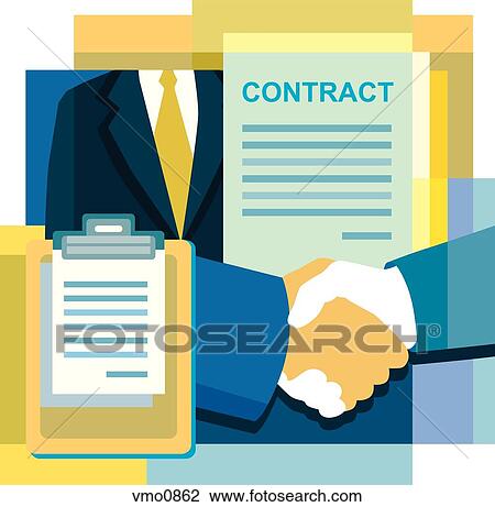 A montage of a contract, handshake, suit, and documents View Large Illustration Drawing - A montage of a contract, handshake, suit, and documents. Fotosearch