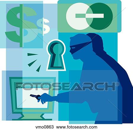 Drawing - A montage of a credit card, dollar signs, a keyhole, a thief with a key, and a computer screen. Fotosearch