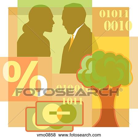Stock Illustration - A montage of a man and woman talking, a tree, percentage sign, credit cards, and computer code. Fotosearch