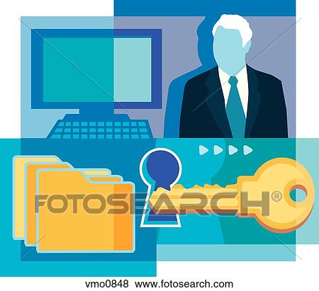 A montage of a man in suit, a computer, a key, a keyhole, and folders View Large Illustration Stock Illustration - A montage of a man in suit, a computer, a key, a keyhole, and folders. Fotosearch