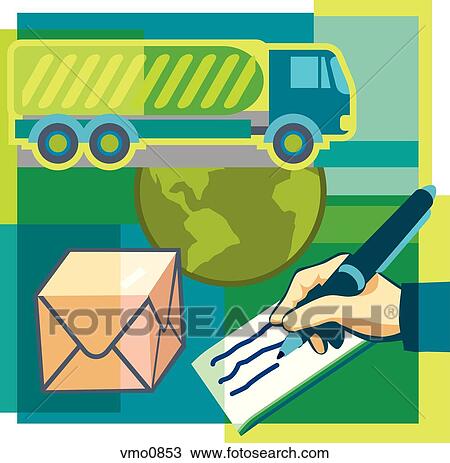 Drawing - A montage of a package, hand writing a cheque, the globe, and a semi truck. Fotosearch